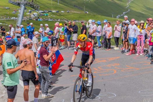 Col du Tourmalet, France - July 06 2023: Dylan van Baarle climbig the road to Col du Tourmalet in Pyerenees mountains during the stage 6 of Le Tour de France 2023.