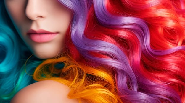 A closeup view of a bunch of shiny curls rainbow colors hair. Close-up of unidentified woman with multicolored hairs. AI generated