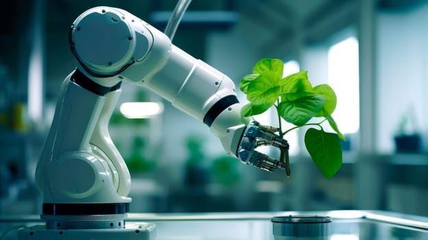 Modern robotic arm working in a bright laboratory with fresh green plant. Digital transformation in agriculture and smart farming. AI generated