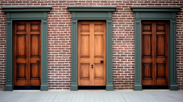 Brick wall with a three wooden doors, right choice concept. AI generated