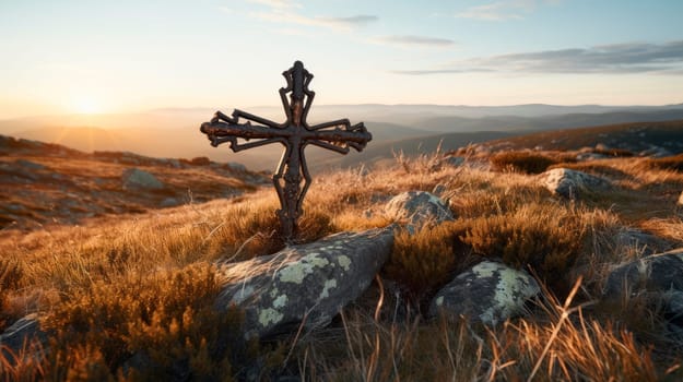 Rusty metal cross in the hill landscape, religion and hope concept. Christian cross on top of the hill with sunlight, crucifixion, religious concept. AI generated