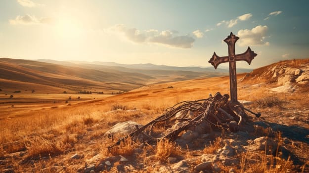 Old metal cross in the hill landscape, religion and hope concept. Christian cross on top of the hill with sunlight, crucifixion, religious concept. AI generated