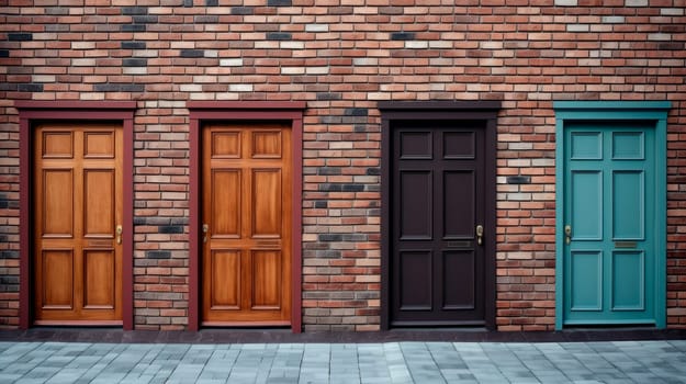 Brick wall with a four different color wooden doors, right choice concept. Closed doors with different color outdoors on a street. AI generated