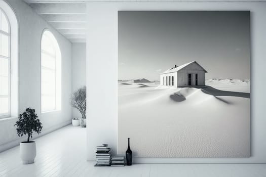 White minimalistic interior and painting with winter landscape. Generative AI design