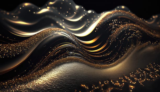 Golden smooth liquid waves and shiny particles abstract background. Generative AI design