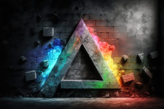 Grunge luminous triangle on brick wall. Generative AI design