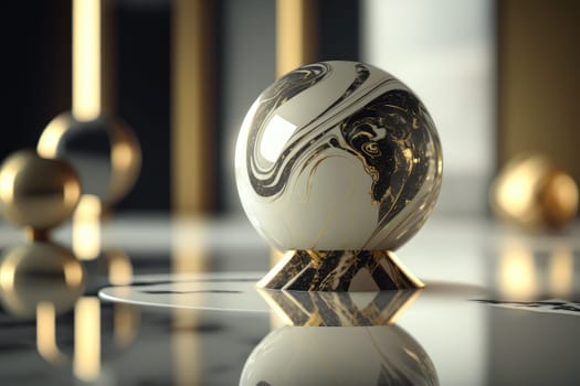 Abstract black white golden art deco marble sphere. Generative AI design