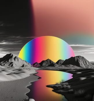 Holographic colorful circle and monochrome landscape. Generative AI design