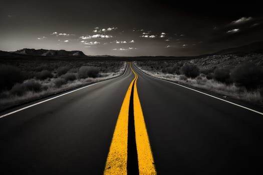 Asphalt empty high way and grey rural landscape. Generative AI design