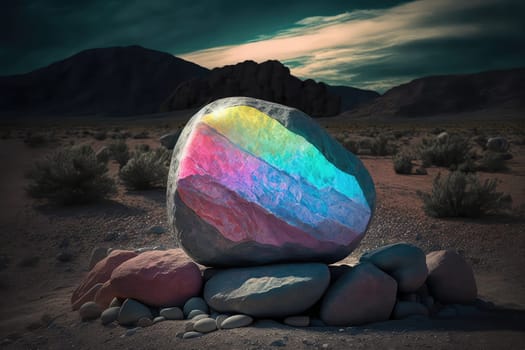 Holographic colorful stone and monochrome landscape. Generative AI design