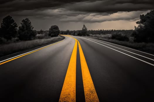 Asphalt empty high way and grey rural landscape. Generative AI design