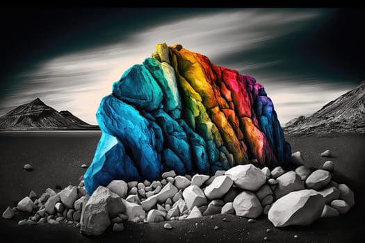 Holographic colorful stone and monochrome landscape. Generative AI design