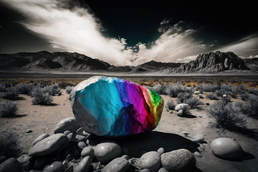 Holographic colorful stone and monochrome landscape. Generative AI design