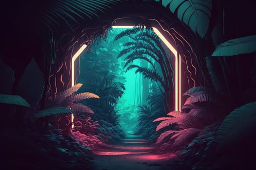 Neon tunnel in the tropical jungle. Generative AI design