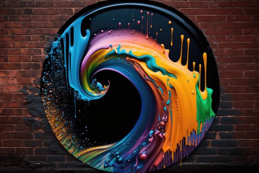 Colorful liquid paints in circle on brick wall. Generative AI design