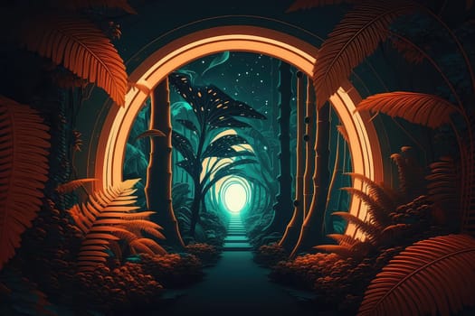 Neon tunnel in the tropical jungle. Generative AI design