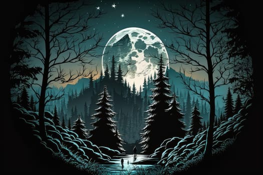 Night forest landscape with full moon. Generative AI drawing