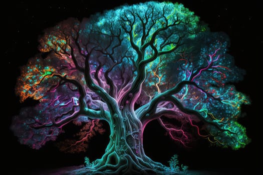 Shiny glowing big tree on black. Generative AI design
