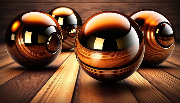 Wooden glossy 3d spheres abstract background. Generative AI design