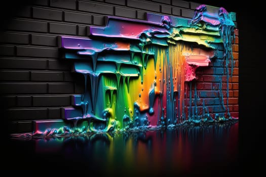 Colorful liquid paints on brick wall. Generative AI design