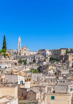 Matera, Italy - 6 May 2023: Ancient Unesco heritage old town of Matera (Sassi di Matera), Basilicata, southern Italy.