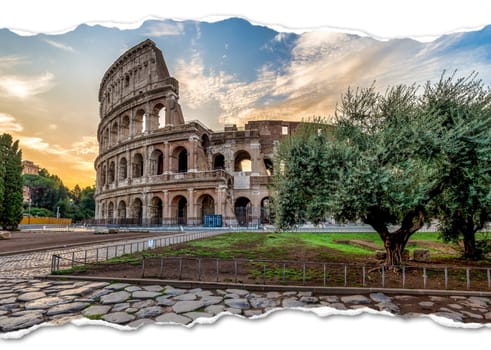 Italy, Rome - Sunset behind the Colosseum, the most famous Roman landmark sightseeing