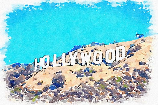 Creative illustration with artistic watercolor design - Hollywood sign in Los Angeles
