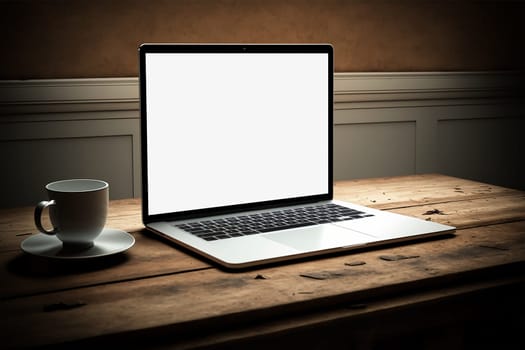 Laptop computer with opened lid on table in home office workspace room
