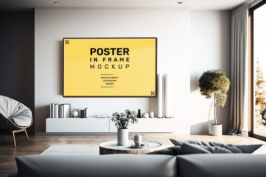 Modern room interior with mock-up photo frame on white walls. Black, gray and white furniture.