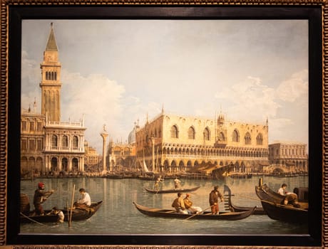 Milan, Italy - 23 September 2023: Brera antique painting museum. View of Venice, by Canaletto, 1745