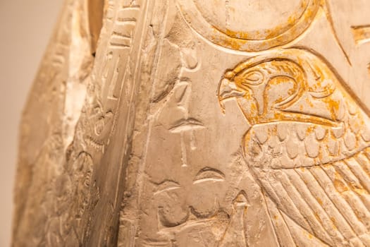 Turin, Italy - March 2023: Egyptian Museum, Pyramidion with Horus falcon - 1279 BC
