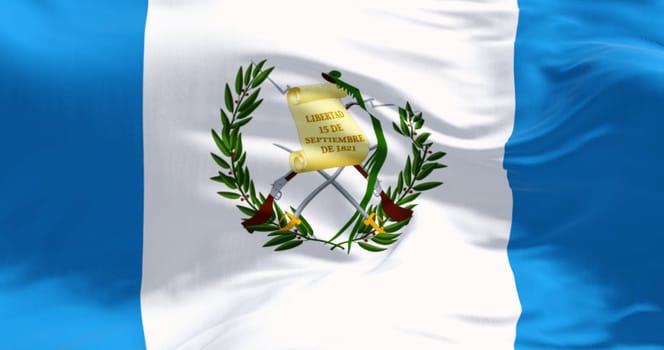 Close-up of Guatemala national flag waving. Three vertical blue and white stripes with a centered national coat of arms. 3d illustration render. Rippling fabric. Textured textile background