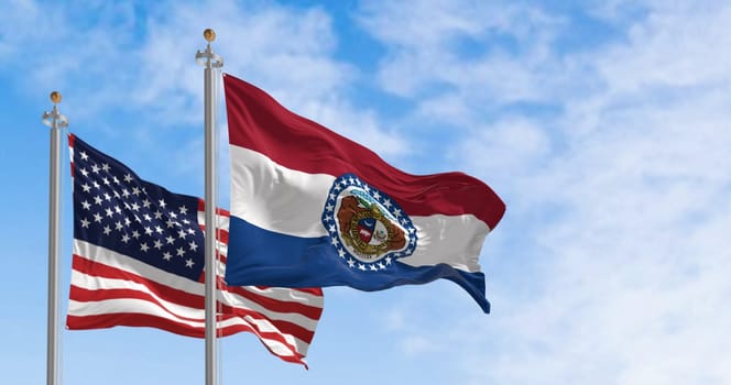 Missouri state flag waving with the national american flag on a clear day. 3d illustration render. Rippled fabric. Selective focus