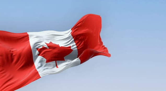 Canada national flag waving in the wind on a clear day. White square in center and red stylized maple leaf with eleven points. 3D illustration render. Rippled fabric