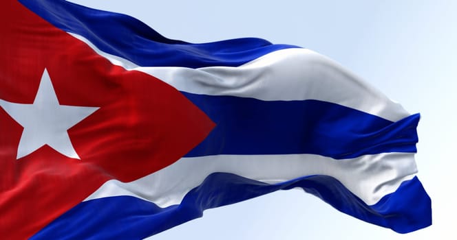 Close-up of Cuba national flag waving on a clear day. Five blue and white stripes, a red triangle at the hoist with a white star. Latin american country. 3d illustration render. Fluttering fabric.