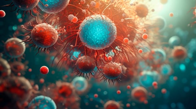 Blood cells, leucocytes and macrophages are combating viruses and bacteria, immune cell. AI generated