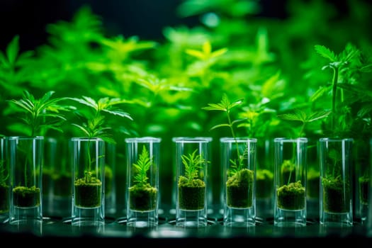 Genetically modified plants. Plant seedlings growing inside of test tubes at lab. AI generated