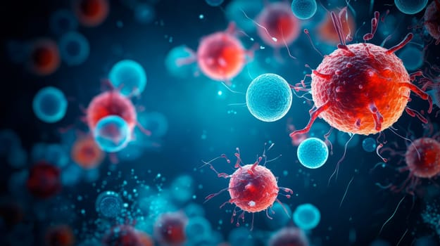 Blood cells, leucocytes and macrophages are combating viruses and bacteria, immune cell. AI generated
