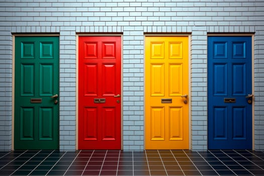 Brick wall with a four color doors, right choice concept. Green, red, yellow and blue wooden doors. AI generated