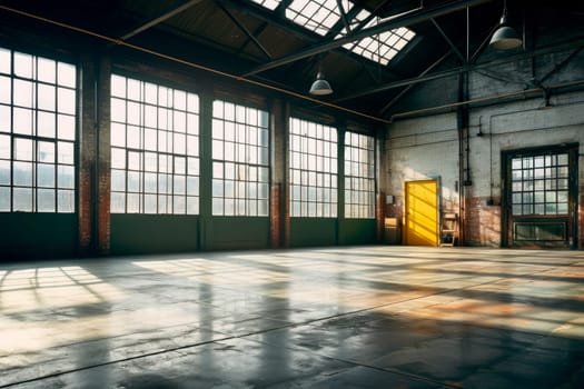 Large empty old industrial warehouse. Industrial interior of an old factory building with a big windows. AI generated