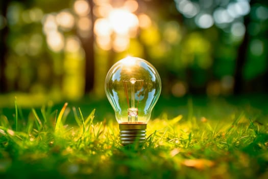 Environmental protection, renewable, sustainable energy sources. The light bulb in a green grass that represents green energy. Renewable energy that is important to the world. AI generated