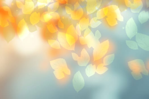 Abstract autumn gradient gold yellow green bright background texture with leaves sun lights and blue sky. Indian summer. Card design with space. Beautiful backdrop.