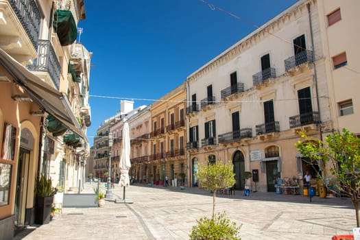 Milazzo, Sicily Italy - 03 October 2023. View at street Via Giacomo Medici in the centre of Milazzo.