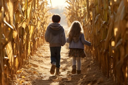 Children exploring corn maze in the fall day. Siblings boy and little girl playing in corn maze. Kids on pathway in corn field. Popular tourist attraction. Playing on corn labyrinth field
