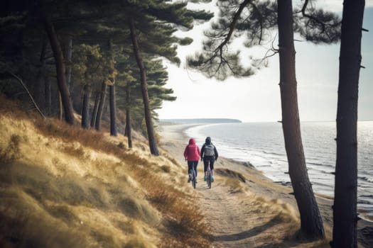 Couple riding bicycles at the seaside. Cycling by the sea. Active people. Cardio training. Physical fitness. Cardio workout. Healthy lifestyle. Daily routine. Body exercises
