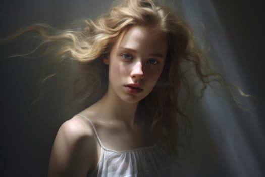 Authentic candid portrait of teenage girl with windswept hair blowing wildly in wind or water. Girl  with flowing hair looking at camera. Young woman with windswept hair on windy day