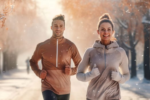 Couple running outdoor during workout on winter day. Man and woman jogging in park. Active people. People while cardio training. Physical fitness. Cardio workout. Healthy lifestyle. Daily routine. Body exercises