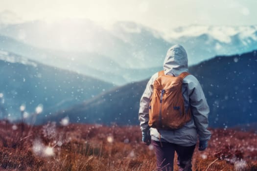 Traveler with backpack hiking in mountains on winter day. Winter season. Exploring wild nature places. Adventures during winter trekking. Mountains exploration. Backpacker while winter trip. Freedom of exploring