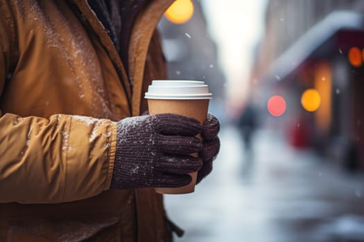 Person having hot coffee on the go outdoors on winter day. Man is having a walk with hot drink. Enjoying takeaway coffee. Person dressed warm standing in a street downtown