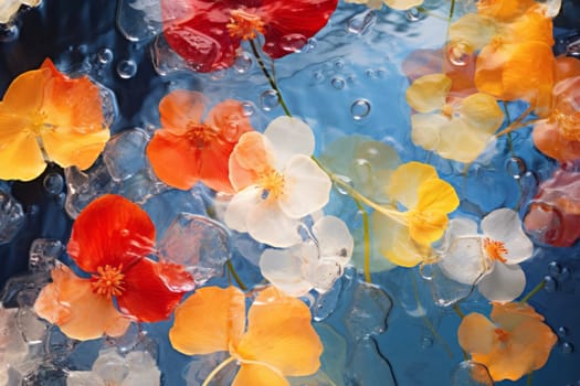 Wild flowers in clear water. Floral background. Natural composition. Botanical wallpaper. Natural decoration with field flowers blue water. Blossom composition